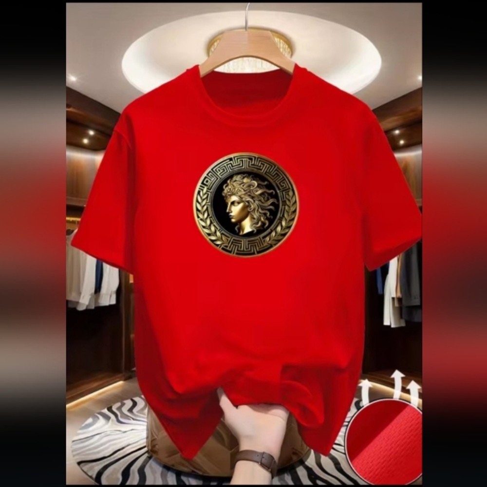 Men's Bougie Gold Medusa Print On A Red T-shirt